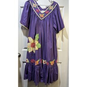 VTG Go Softly Purple Floral Embroidered House Dress MuuMuu Womens L Patio Granny